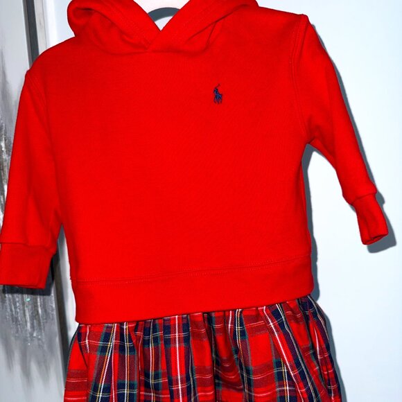 Ralph Lauren Toddler Girl Red Hoodie Dress with Plaid Skirt (2T) - Picture 2 of 6